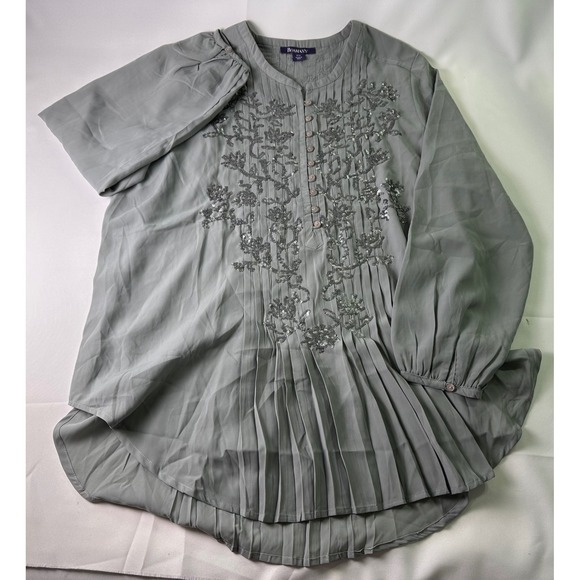 Roaman's Women's Embellished Blouse Top Pleated High Low Hem Size 16W Gray - Picture 1 of 9